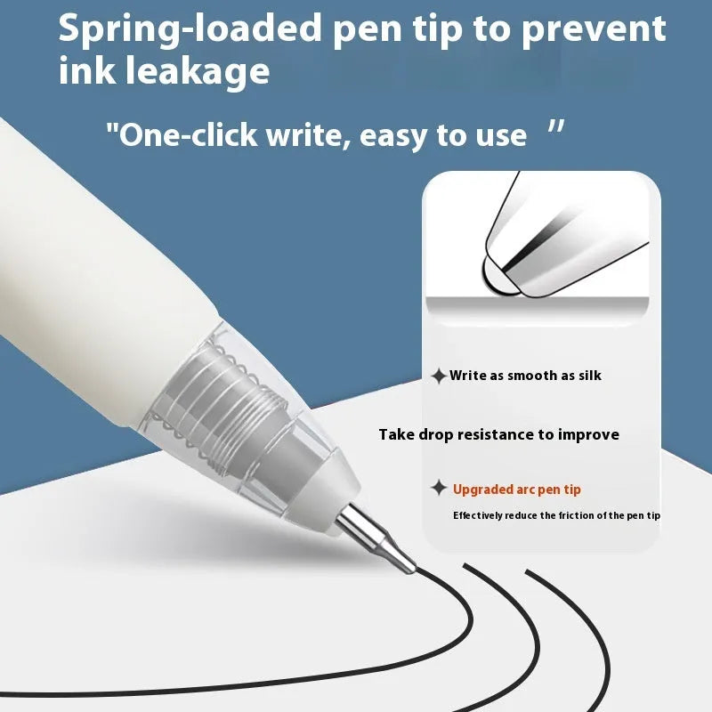 A 10-bag pack of quick-drying push bullet pen refills in black, blue, ink blue, and red colours.