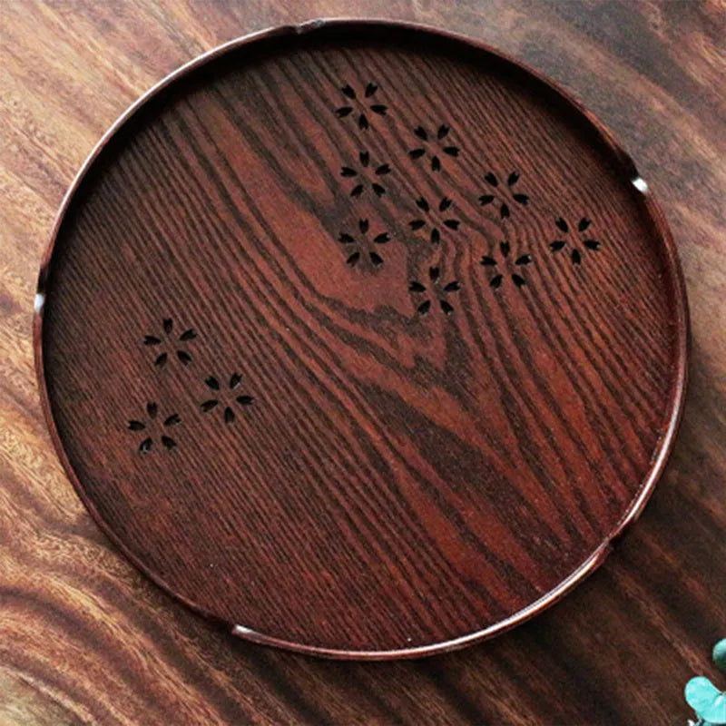 Japanese cherry blossom shallow wooden dessert plate with hollow sakura patterns measuring 30x2cm