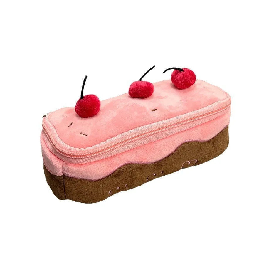 Cherry cake colour velvet plush pencil case with Korean style design and zip closure
