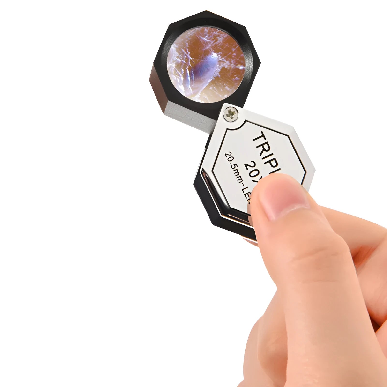 Handheld metal magnifying glass with optical glass lens for jewellery and stamp inspection.