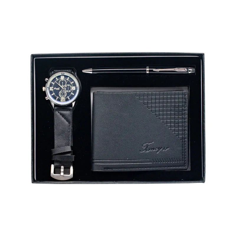 Business gift set containing wallet, pen and watch in modern simple style gift box