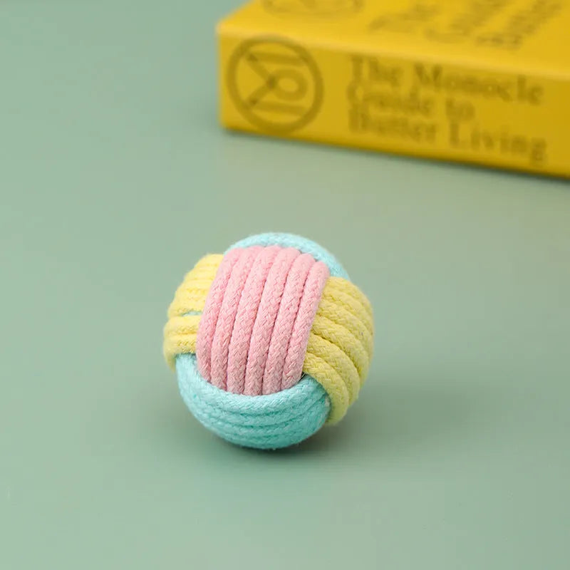 Handmade plush cotton cat hair ball toy in blue powder, green blue, and pink green colours