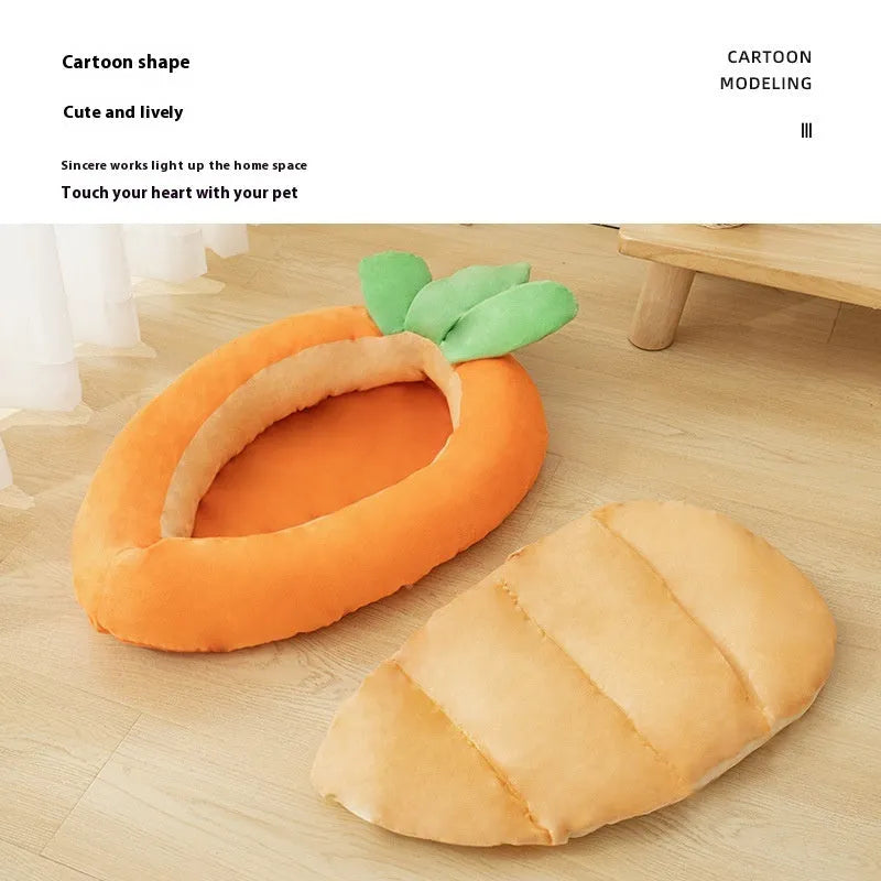 Cartoon carrot print dog mattress with removable washable cloth cover.