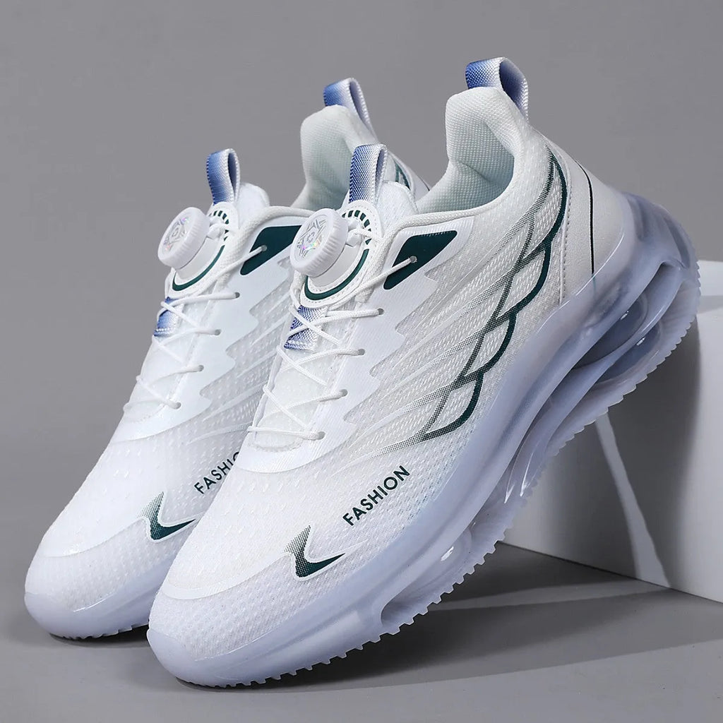 White Korean-style casual sneakers with rotating button closure and mesh upper