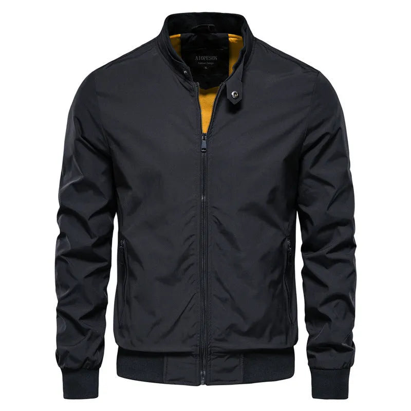 Men's solid colour thin casual jacket in polyester, shown in army green, on a hanger.