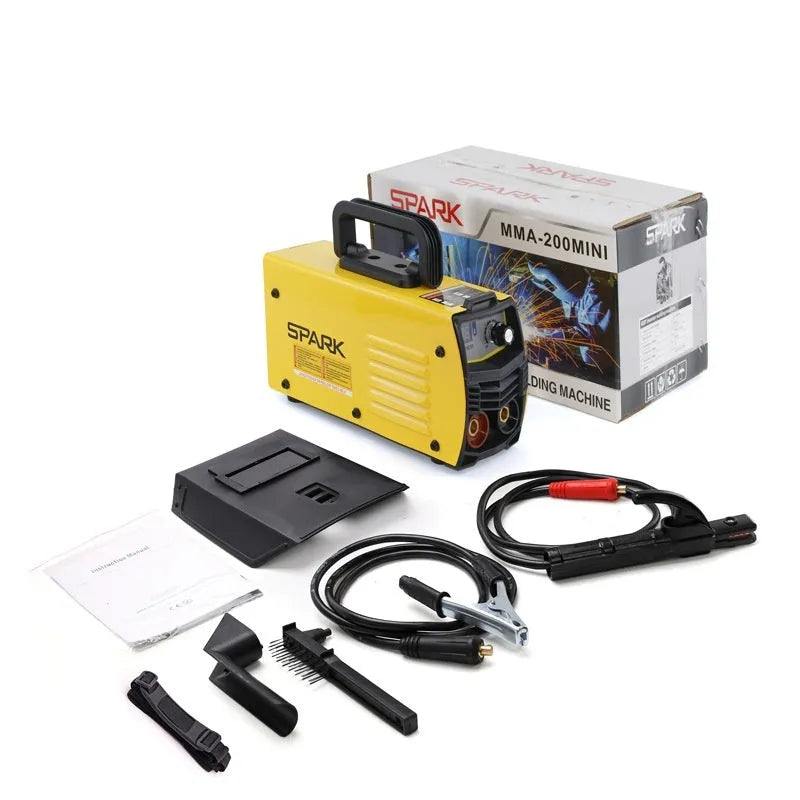 MMA-200MIN 220V DC inverter welding machine with welding tongs, clamps, and face shield accessories