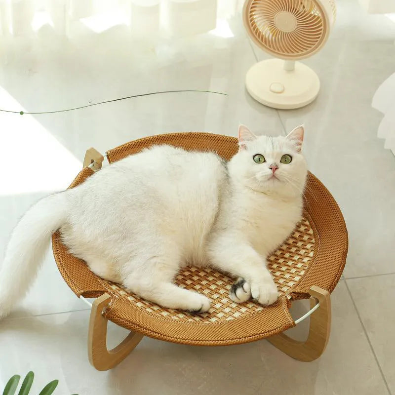 Brown woven rattan pet hammock measuring 46cm with raised sleeping platform for cats and small dogs