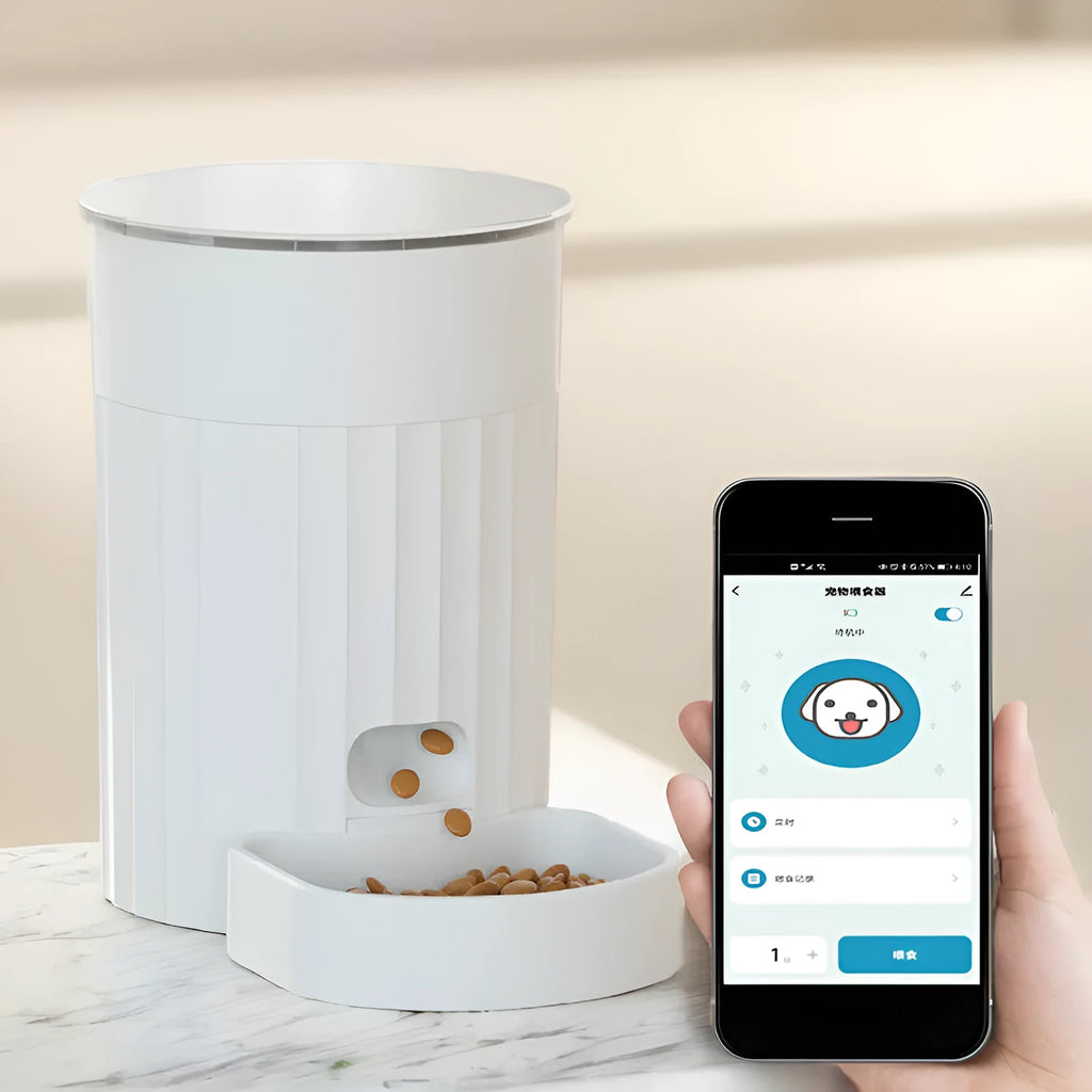 White PP cat automatic pet feeder with WIFI control, side view showing button panel and food tray