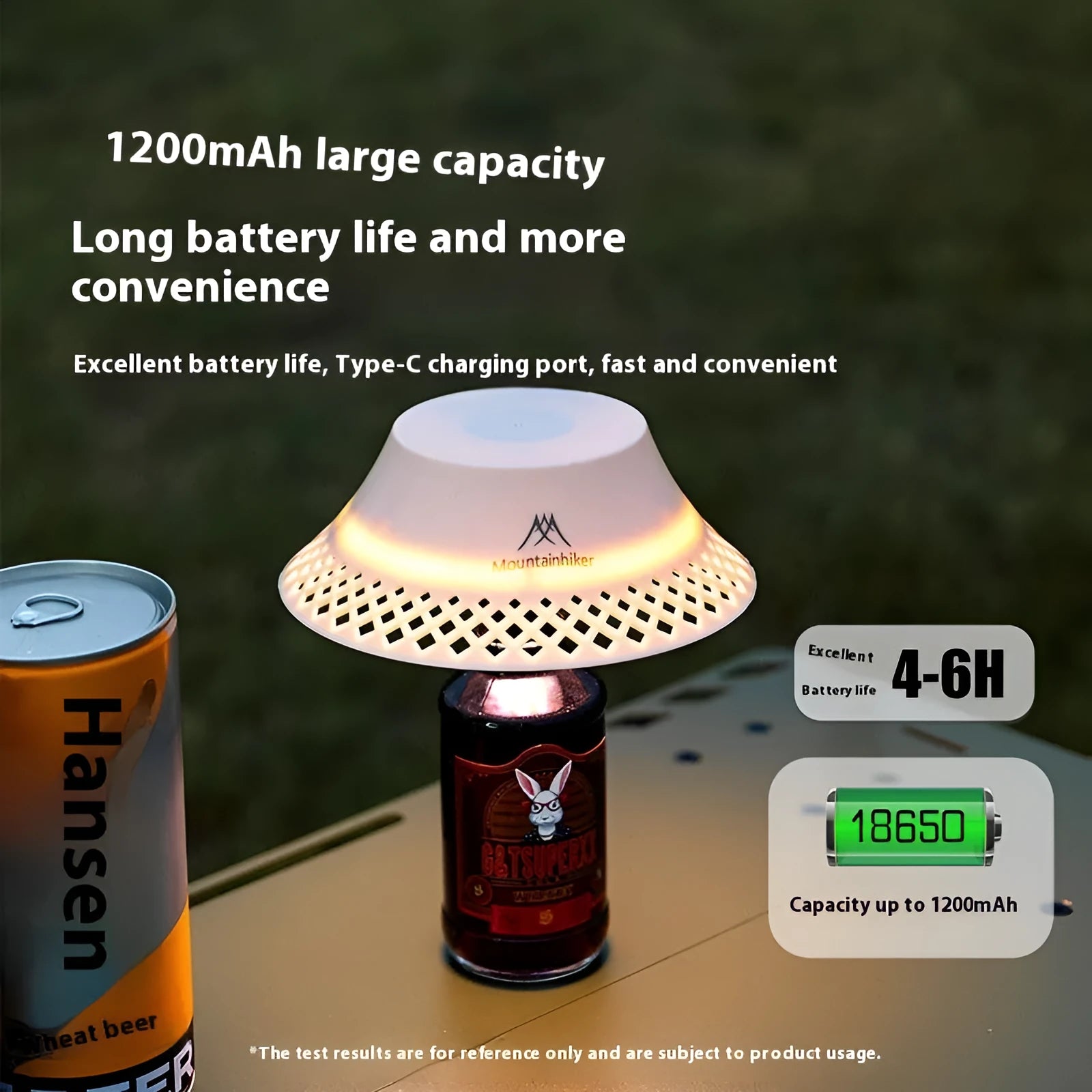 Wine bottle shaped camping lantern in beige or grey colour with USB-C charging port