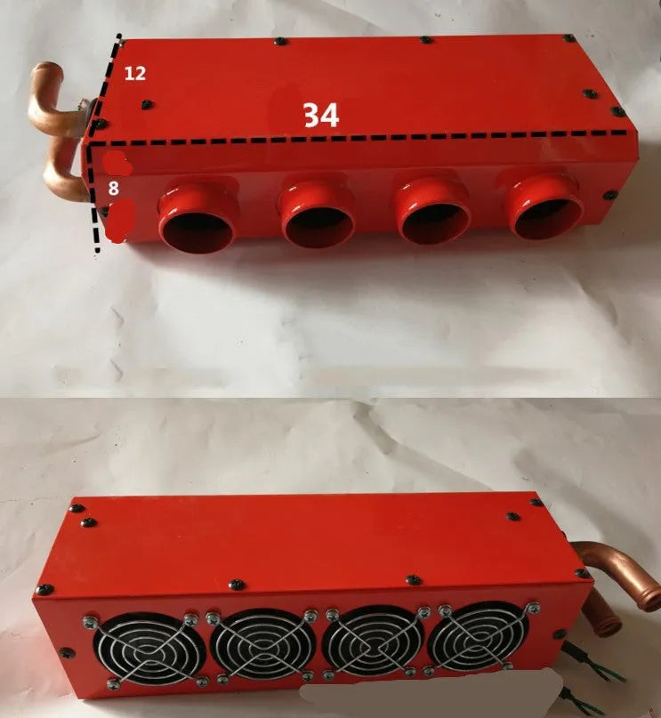 Metal auxiliary car heater with four-hole copper pipe connections for 12V and 24V vehicle installation.