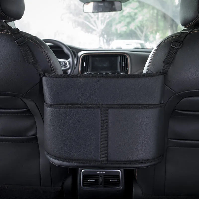 Leather car seat gap organiser with tissue box in black with Classic Lychee, Carbon Fibre, or Fashion Grain patterns