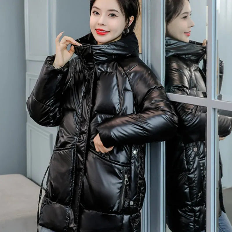 Women's loose thick hooded winter jacket in acrylic blend fabric shown in available colours
