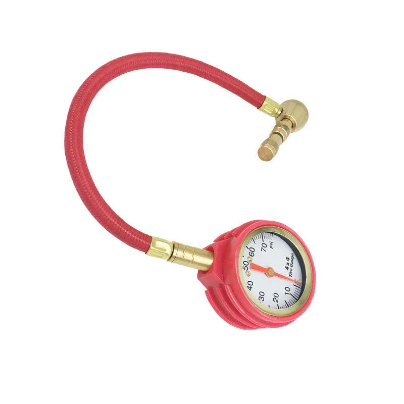 Red mechanical tyre pressure gauge with metal body and rubber shell for SUV and off-road vehicle use.