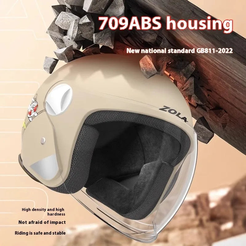 Winter electric bicycle helmet with anti-fog visor and attached detachable scarf in blue colour.