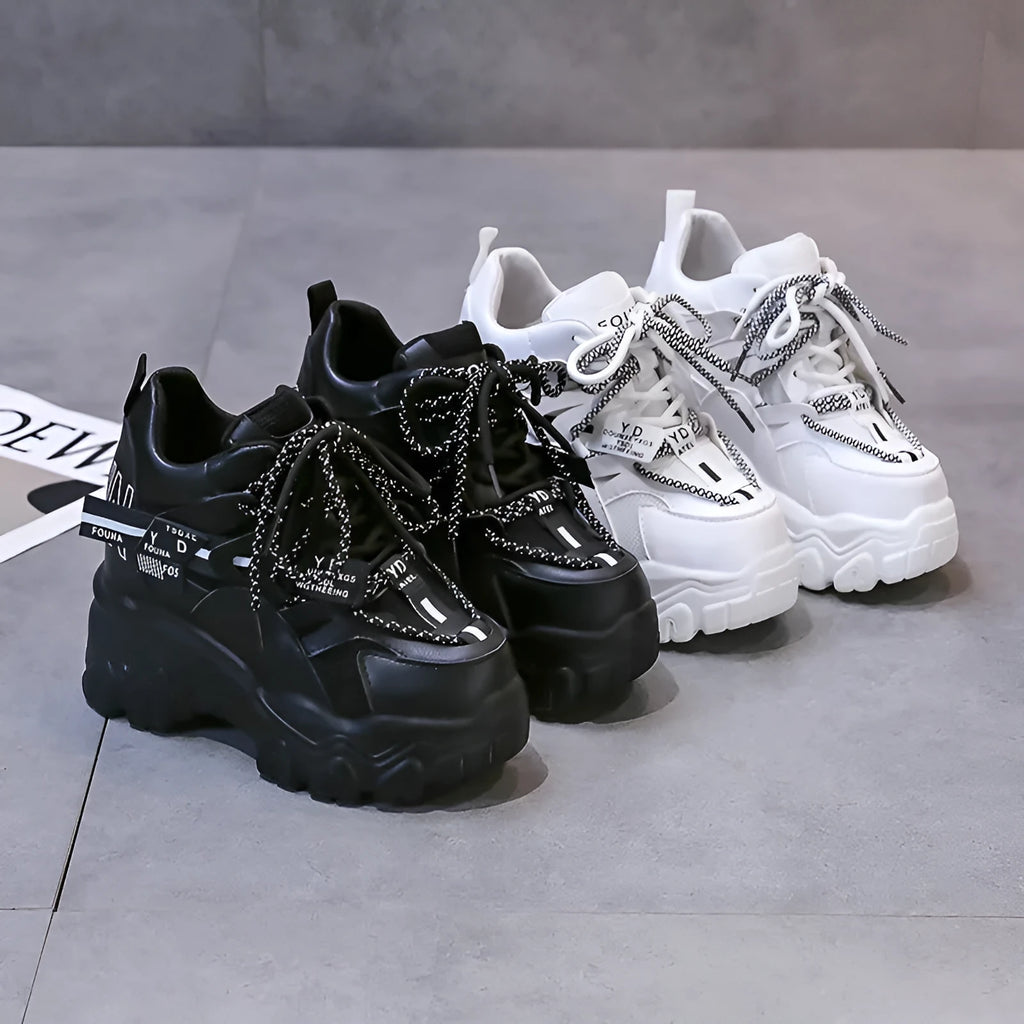 Women's white breathable mesh platform sports shoes with cross strap and round toe