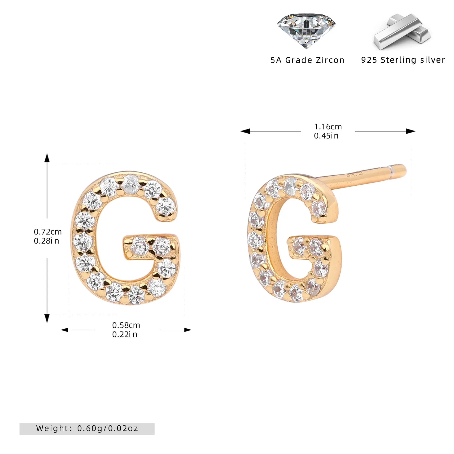 925 silver letter ear stud with electroplated gold finish, alphabet motif