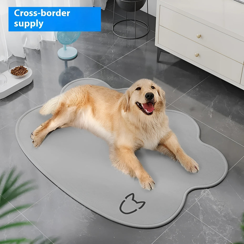 Ice silk dog cooling mat on a wooden floor, showing its rectangular shape and non-slip base, available in dark gray, green, light gray, and rice colours.