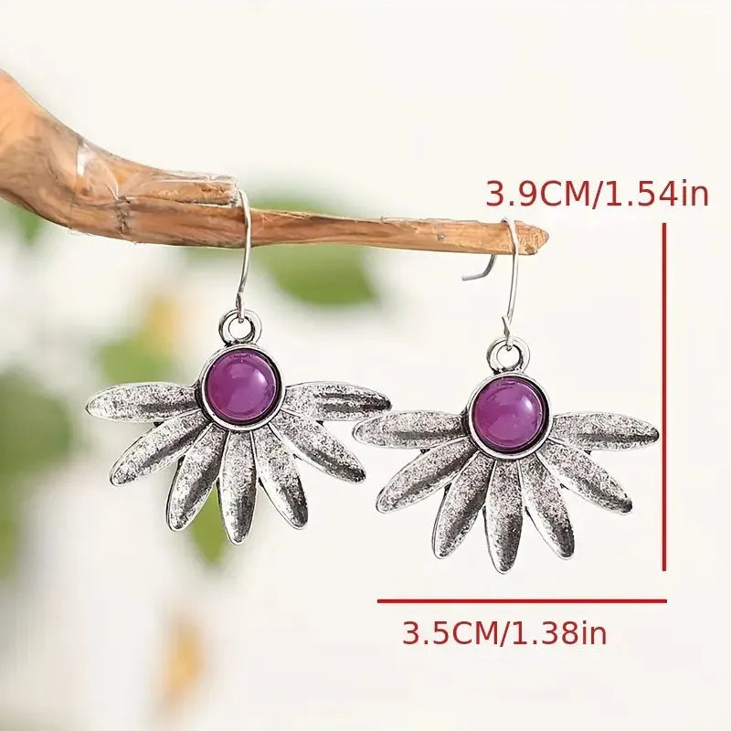 Purple Bohemian earrings with resin flowers and animal zodiac designs on alloy base