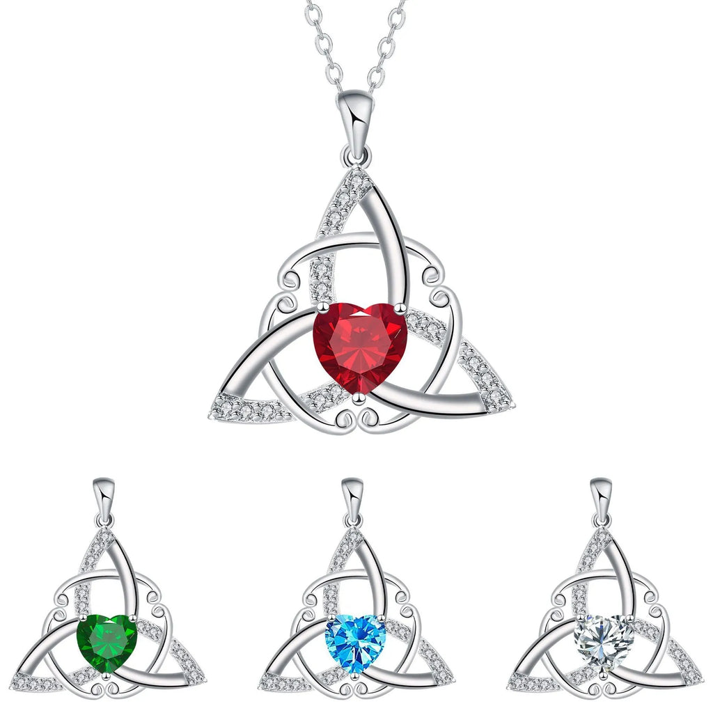 Women's copper Celtic knot necklace with geometric pendant in blue, lvzuan, red diamond, or white diamond finish.