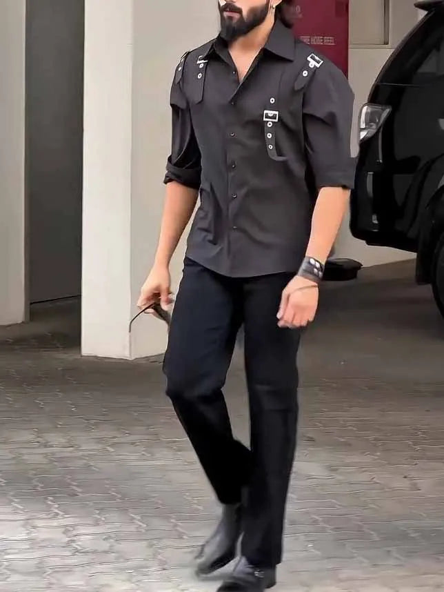 Men's black utility-style button-up shirt made from polyester fabric, showing regular fit.