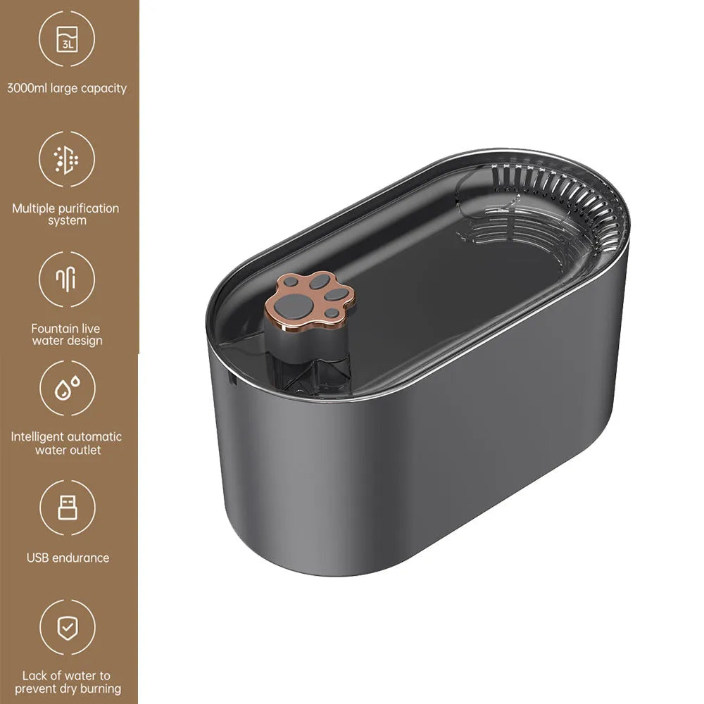 3L capacity pet water fountain with LED light indicator and triple filtration system