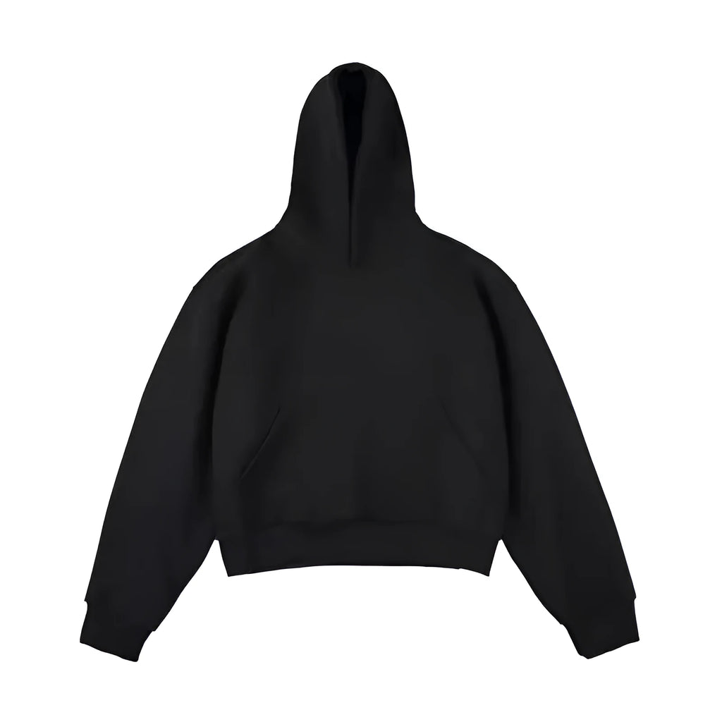 Man wearing a dark grey Chinese cotton hooded sweatshirt with a removable hood and long sleeves.