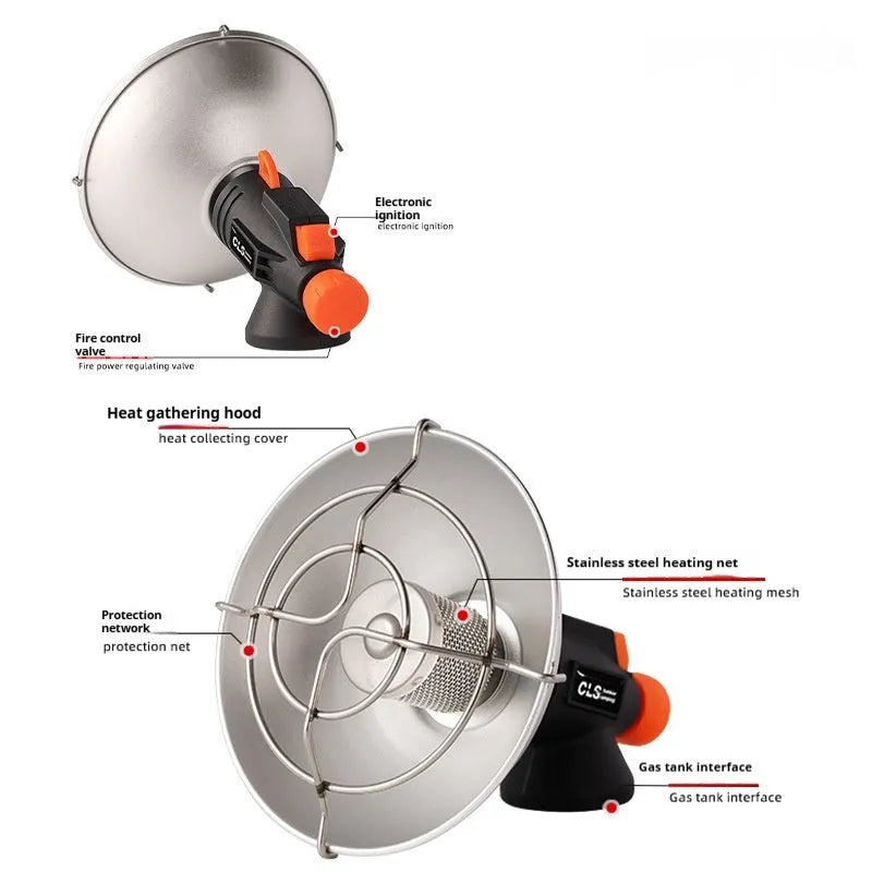 Black and orange portable camping heating stove with automatic press ignition system