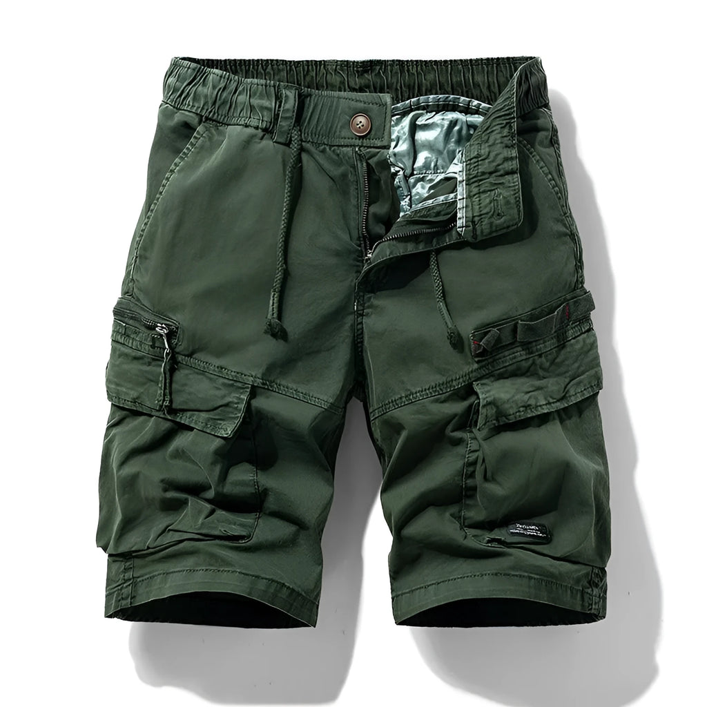 Men's cotton summer shorts with zip fly and multiple pockets in army green colour