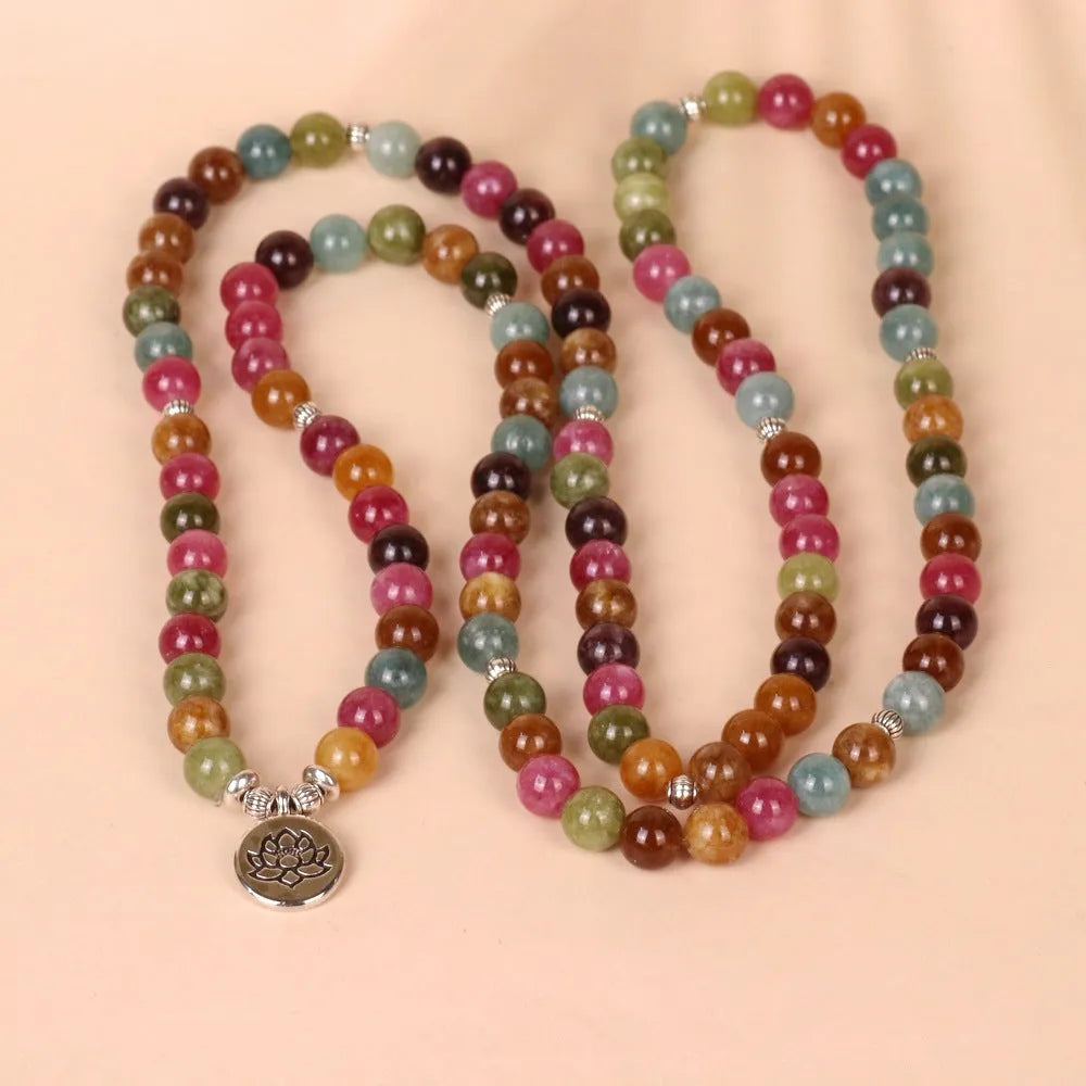 Multi-layer lotus hanging bracelet with 108 tourmaline beads on a metal alloy string
