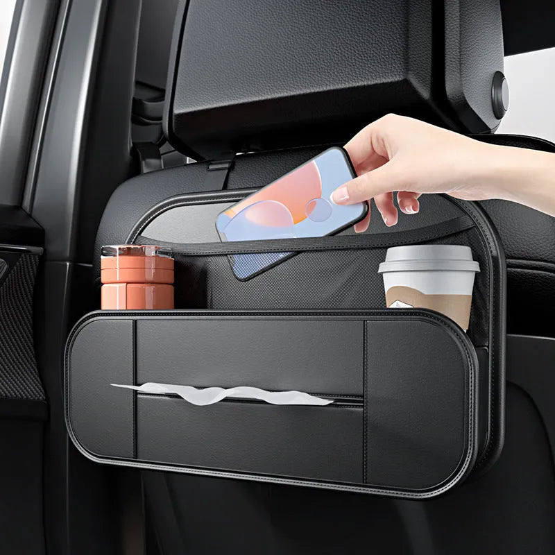 Black leather car seat back storage organiser with adjustable compartments
