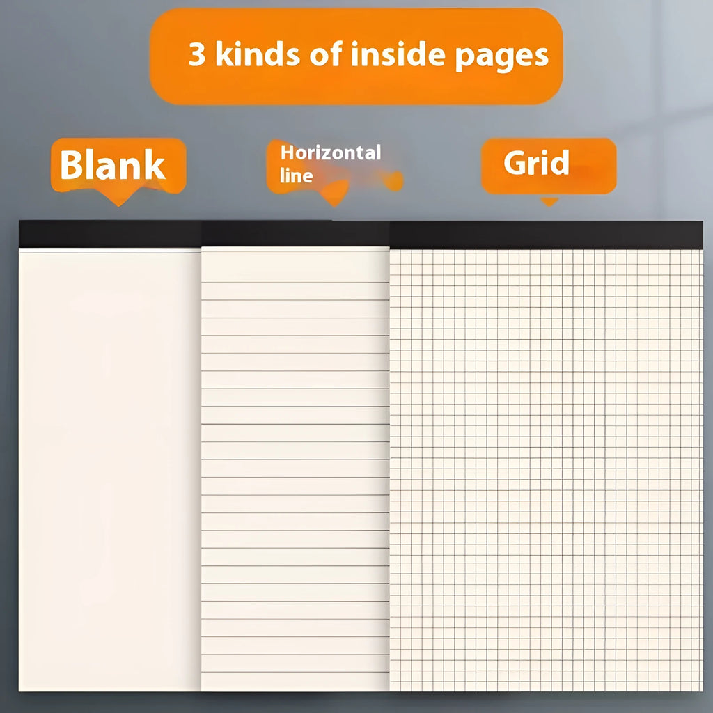 A5 and B5 writing pads showing blank, grid, and lined paper formats with tearable pages