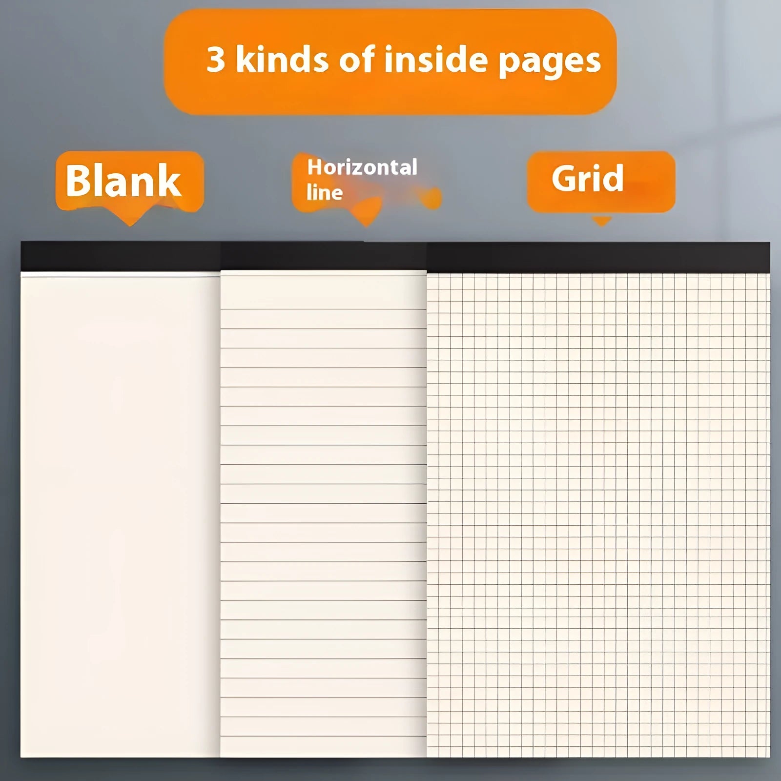 A5 and B5 writing pads showing blank, grid, and lined paper formats with tearable pages