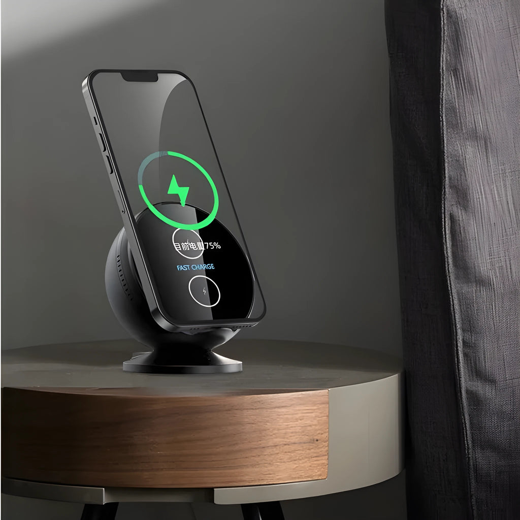 Black multifunctional mobile phone wireless charging holder with built-in Bluetooth speaker