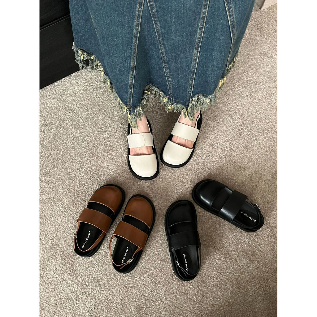 Retro one-strap sandals with buckle closure and breathable closed-toe design in microfiber