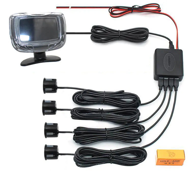 Wireless reversing sensor system with digital display, four probes, and installation accessories for vehicle obstacle detection