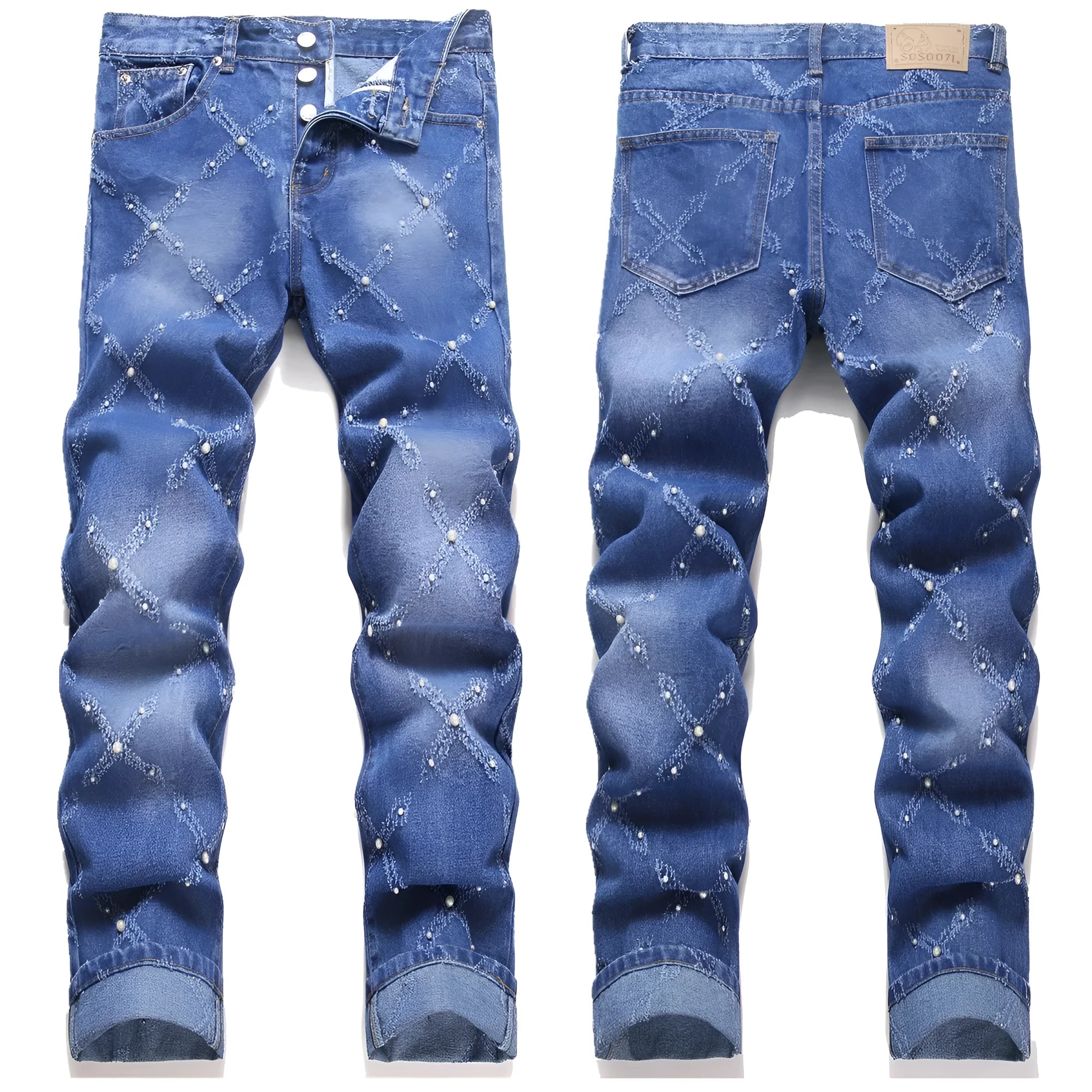 Pearl embroidery street trendy denim skinny pants in blue with mid-rise tapered leg and embroidered pearl details.