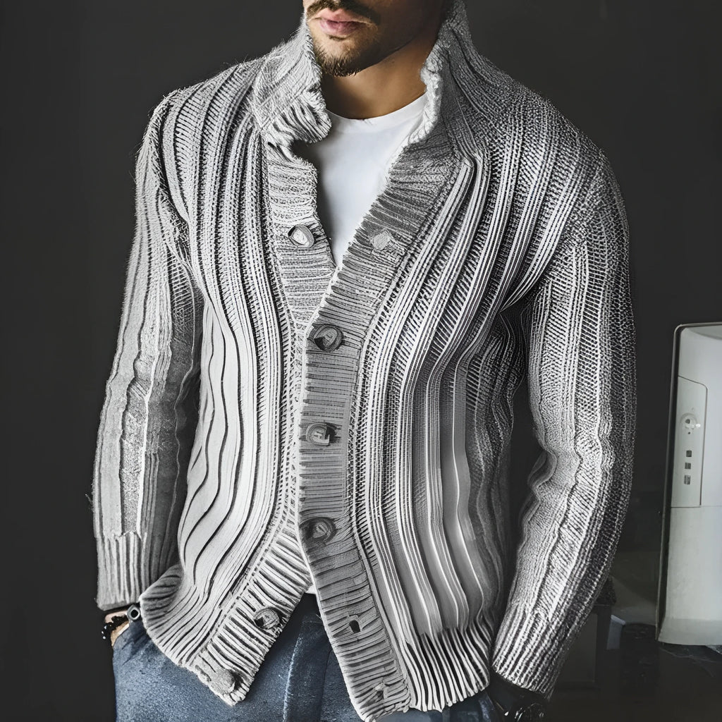 Men's casual single-breasted knitted sweater with lapel collar, long sleeves, in khaki colour