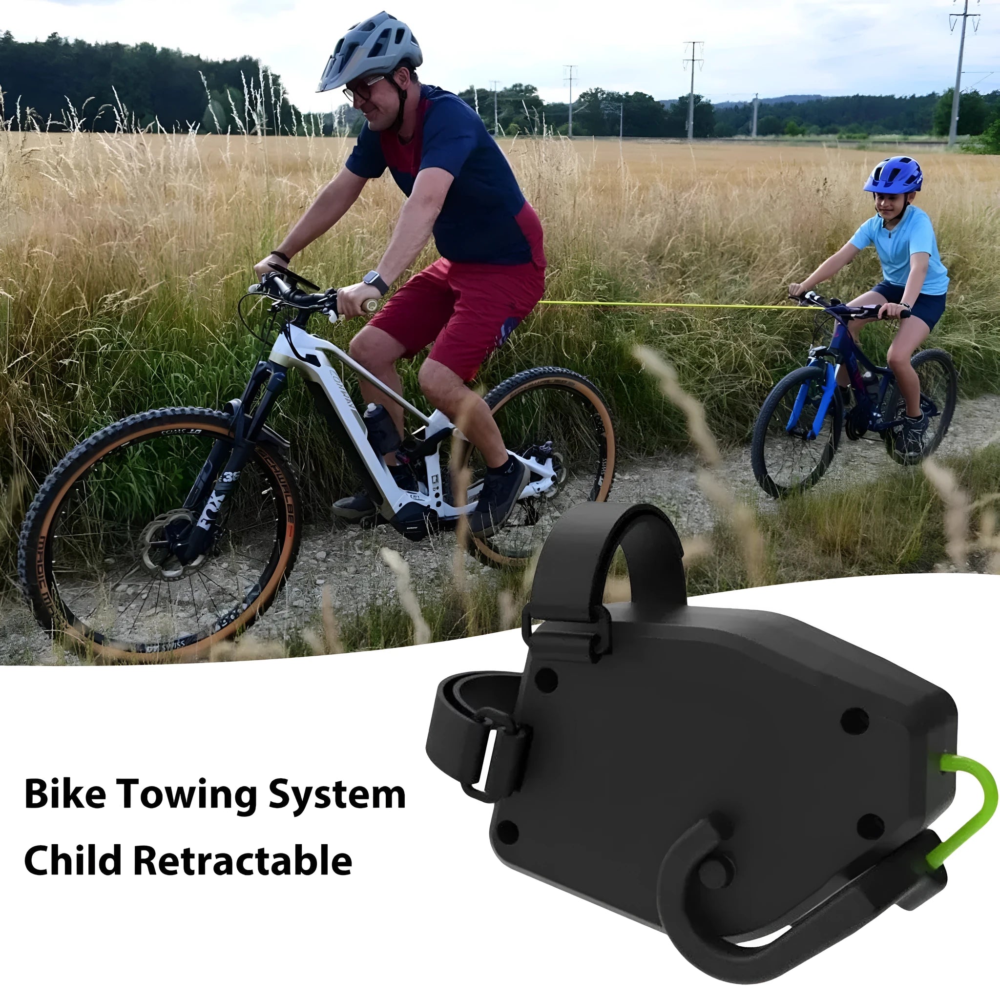 Black plastic bicycle trailer traction rope with connector fittings for mountain bike towing