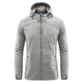 Men's light grey loose fit nylon hooded summer jacket on a hanger