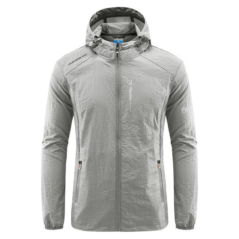 Men's light grey loose fit nylon hooded summer jacket on a hanger