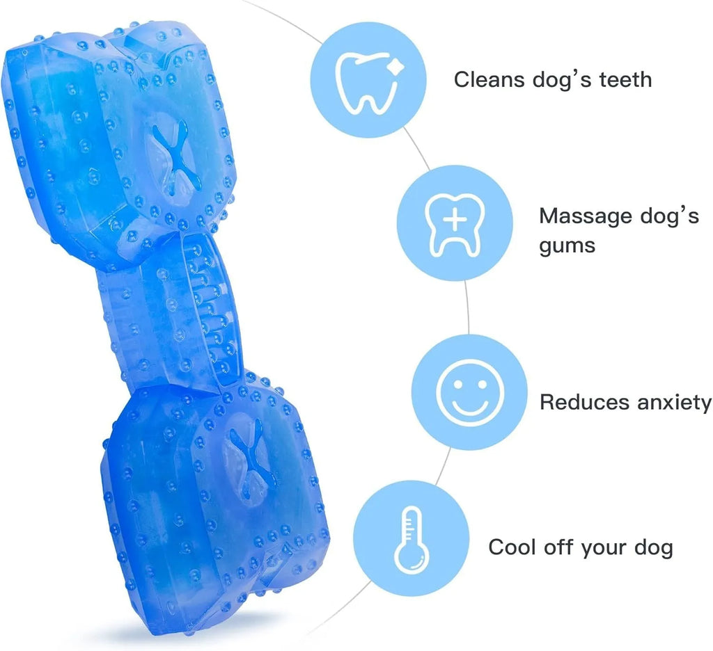 Freezable blue dog chew toy with textured surface for cooling and dental care.