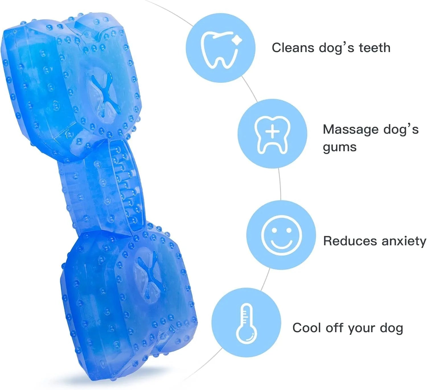 Freezable blue dog chew toy with textured surface for cooling and dental care.