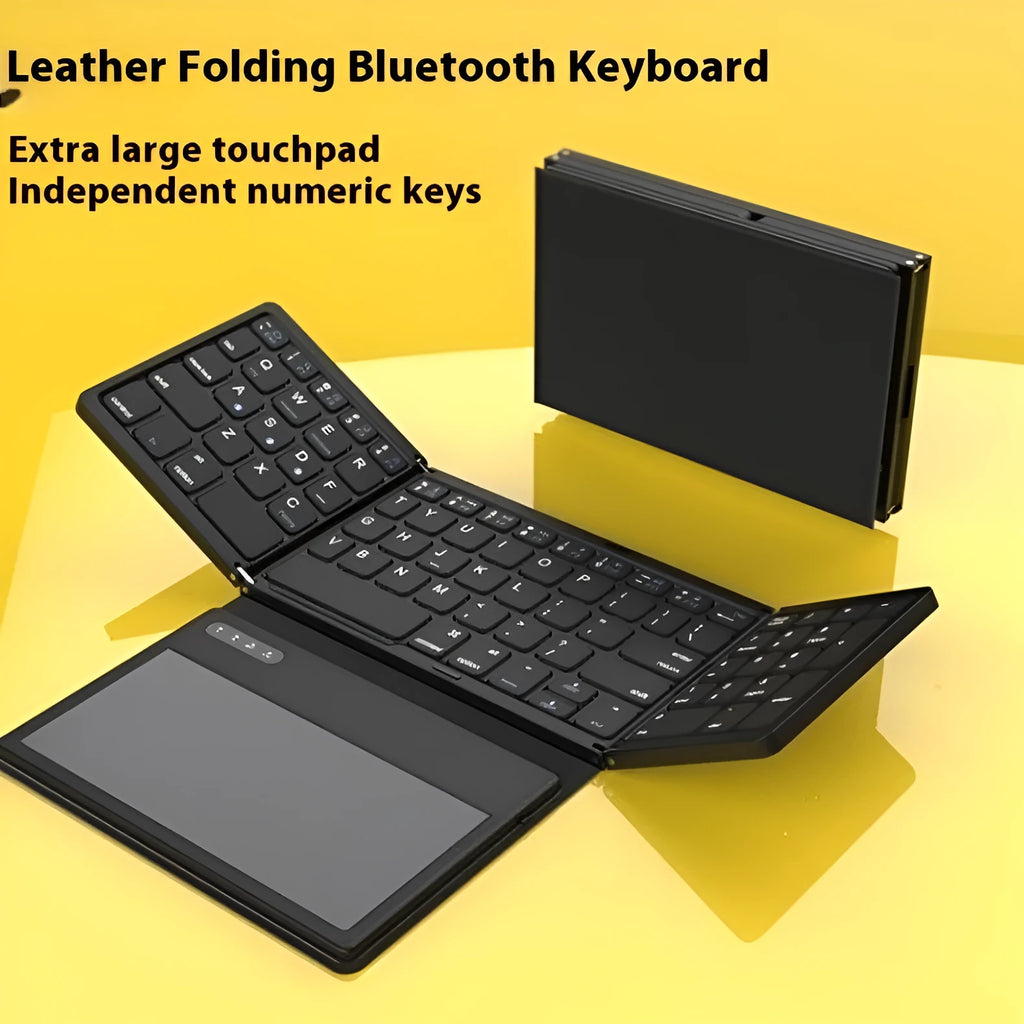 Black leather folding Bluetooth keyboard displayed against white background, folded and unfolded