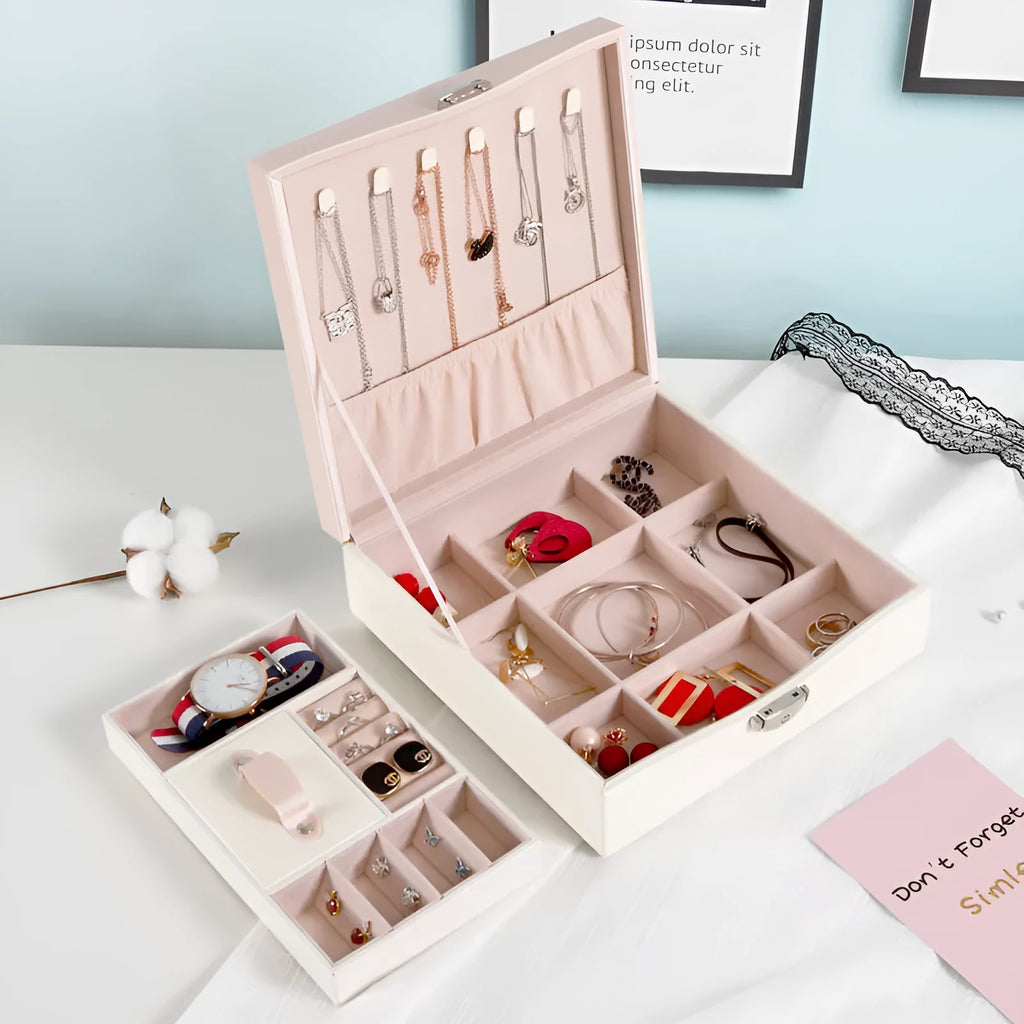 Red or white PU jewellery storage box with large capacity for necklaces and rings