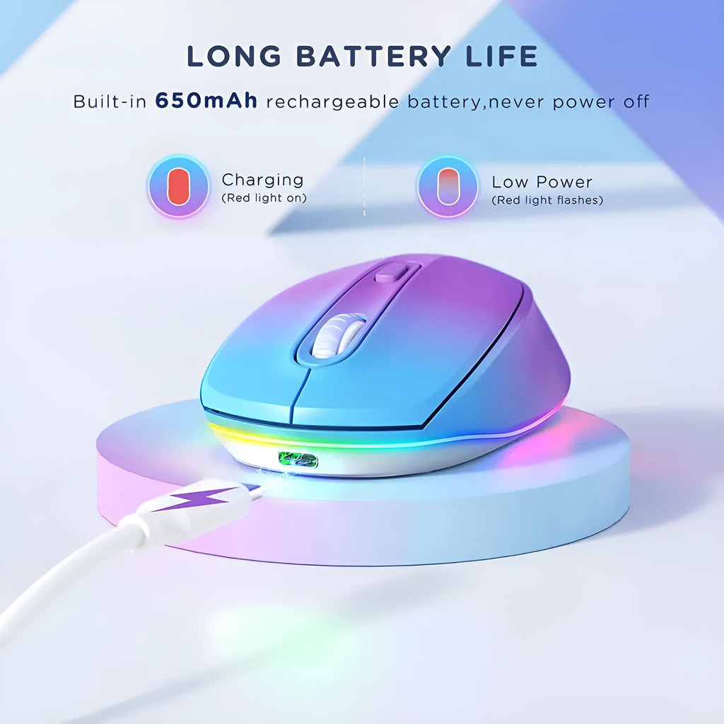 24g rechargeable wireless mouse in various colours, shown with USB charging cable.