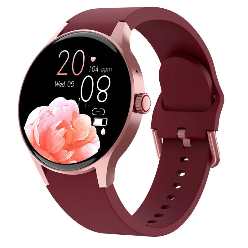 Bluetooth smart sport watch with round colour touch screen and IP68 waterproof rating in black, blue, pink, or red