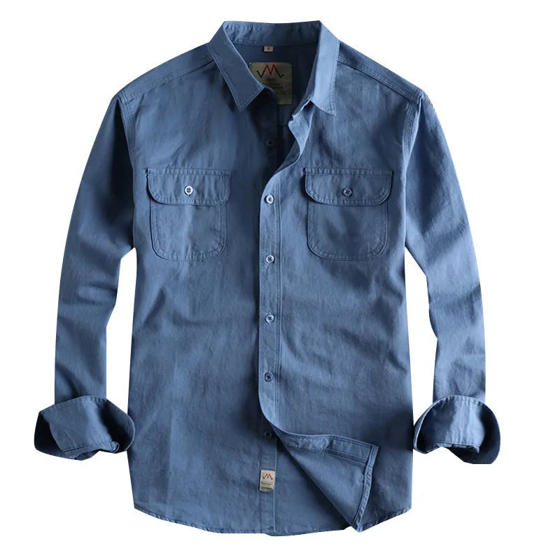 Men's solid colour long sleeve cotton shirt in cardigan style on a hanger.