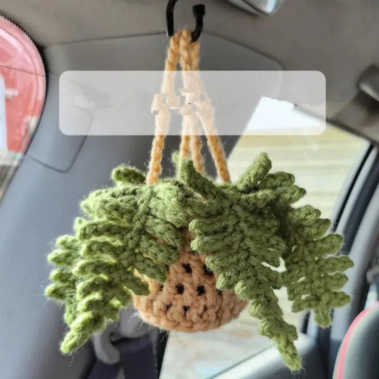 Green and white knitted wool succulent car ornament with 8cm base and hanging cord