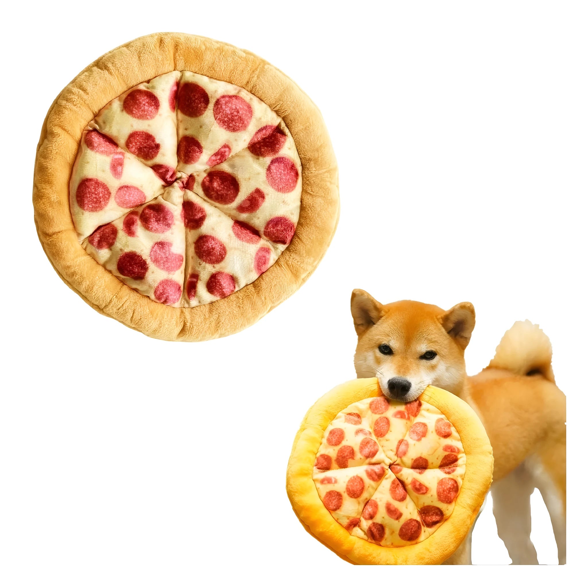 Yellow pizza slice shaped plush squeaky dog chew toy on a white background