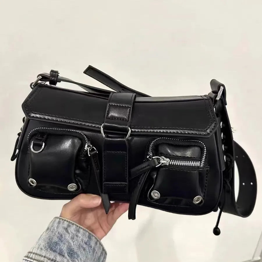 Black women's underarm baguette messenger bag with adjustable shoulder strap